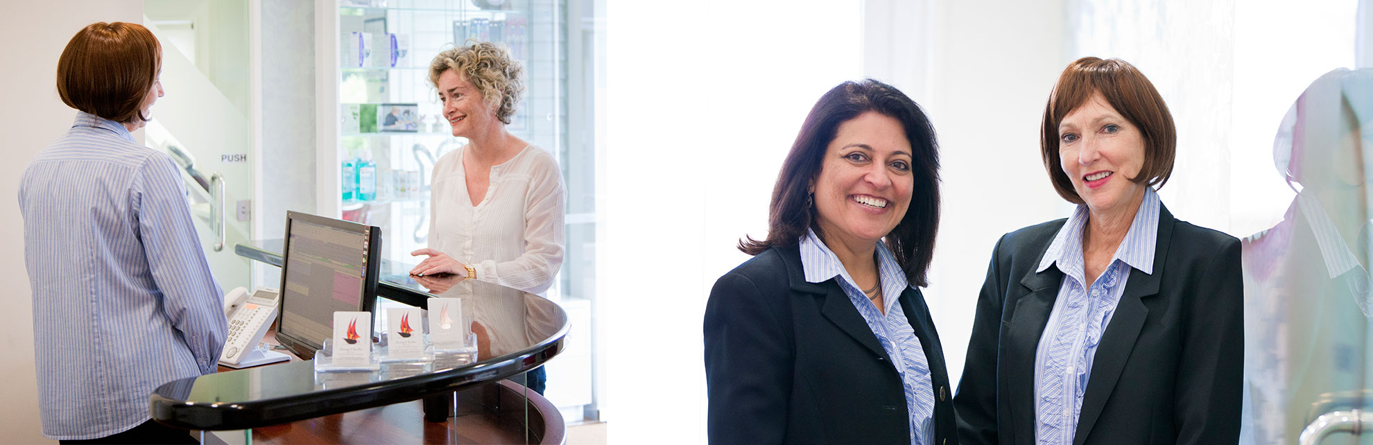 women at the front of the dental office